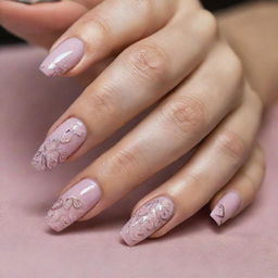 A close-up view of a woman's hand, showcasing long, beautifully manicured nails with an intricate nail art design.