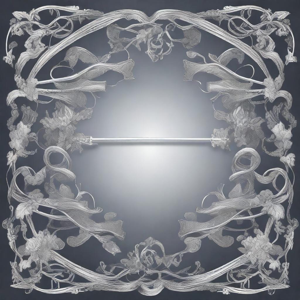 An elegant and detailed illustration of silver vines intricately wrapping around an ornate bow and arrow