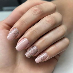 A close-up view of a woman's hand, showcasing long, beautifully manicured nails with an intricate nail art design.