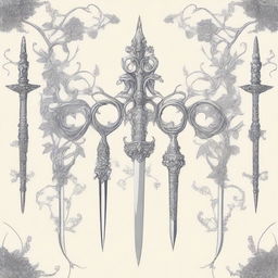 An elegant and detailed illustration of silver vines intricately wrapping around ornate daggers