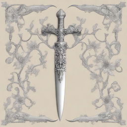 An elegant and detailed illustration of silver vines intricately wrapping around ornate daggers