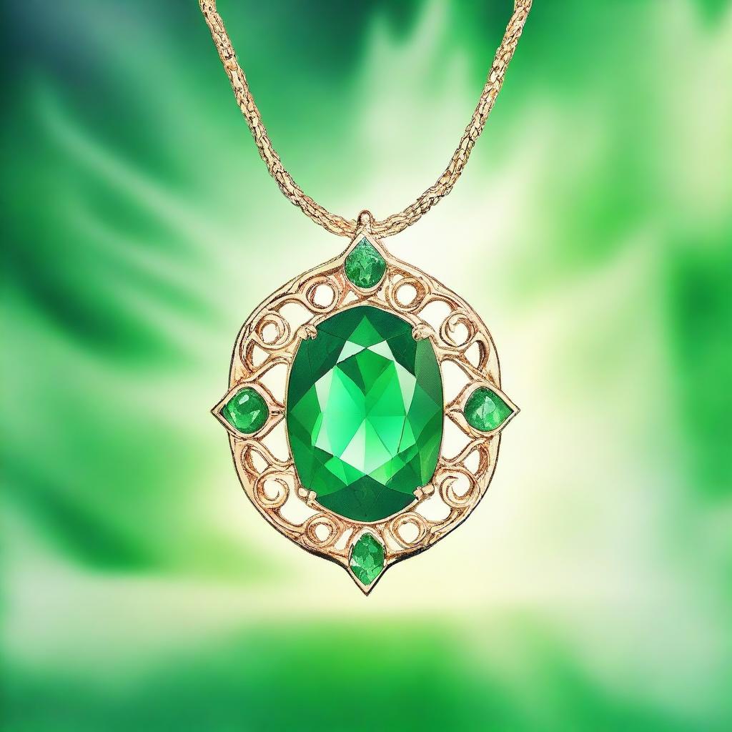 A captivating illustration of an emerald pendant surrounded by magical green flames