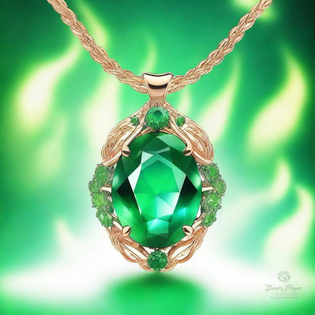 A captivating illustration of an emerald pendant surrounded by magical green flames