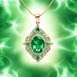 A captivating illustration of an emerald pendant surrounded by magical green flames