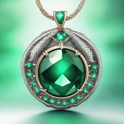 A captivating illustration of an emerald pendant surrounded by magical dragon scales