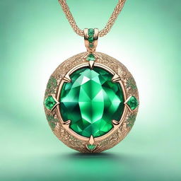 A captivating illustration of an emerald pendant surrounded by magical dragon scales