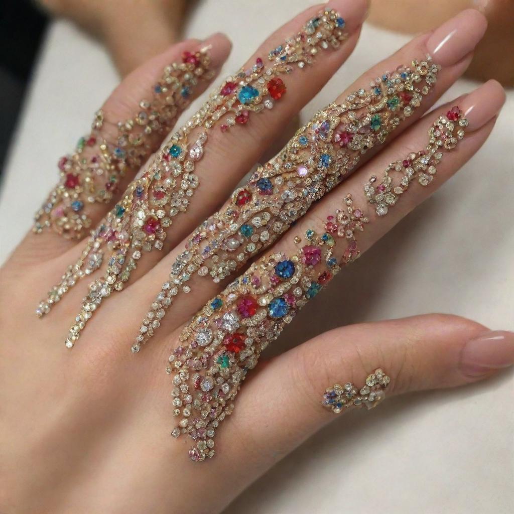 Guinness world record-breaking long and gracefully curved nails of a woman, exquisitely painted with floral patterns and studded with gems.