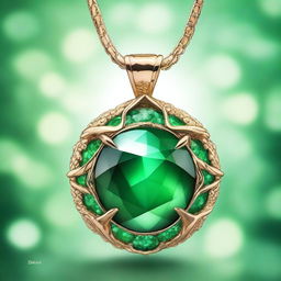 A captivating illustration of an emerald pendant surrounded by magical dragon scales