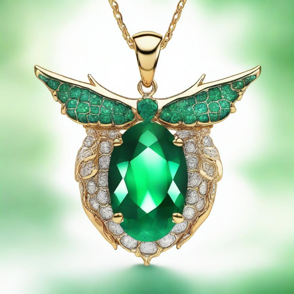 A captivating illustration of an emerald pendant surrounded by magical dragon scales