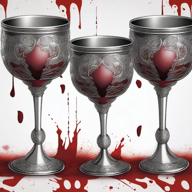 A detailed and dramatic illustration of silver ornate chalices with blood spilling over the edges