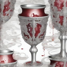 A detailed and dramatic illustration of silver ornate chalices with blood spilling over the edges