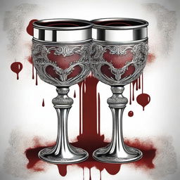 A detailed and dramatic illustration of silver ornate chalices with blood spilling over the edges