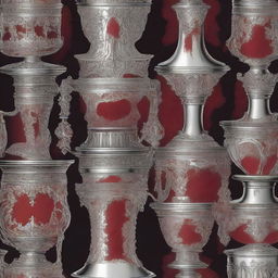 A detailed and dramatic illustration of silver ornate chalices with blood spilling over the edges