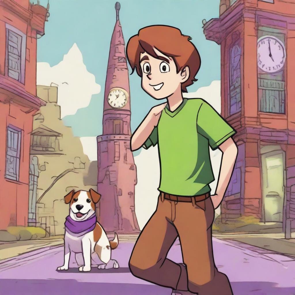 A boy named Milo with brown hair, wearing a green shirt and purple pants, is walking with his dog named Tock