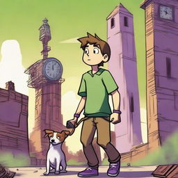 A boy named Milo with brown hair, wearing a green shirt and purple pants, is walking with his dog named Tock