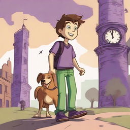 A boy named Milo with brown hair, wearing a green shirt and purple pants, is walking with his dog named Tock