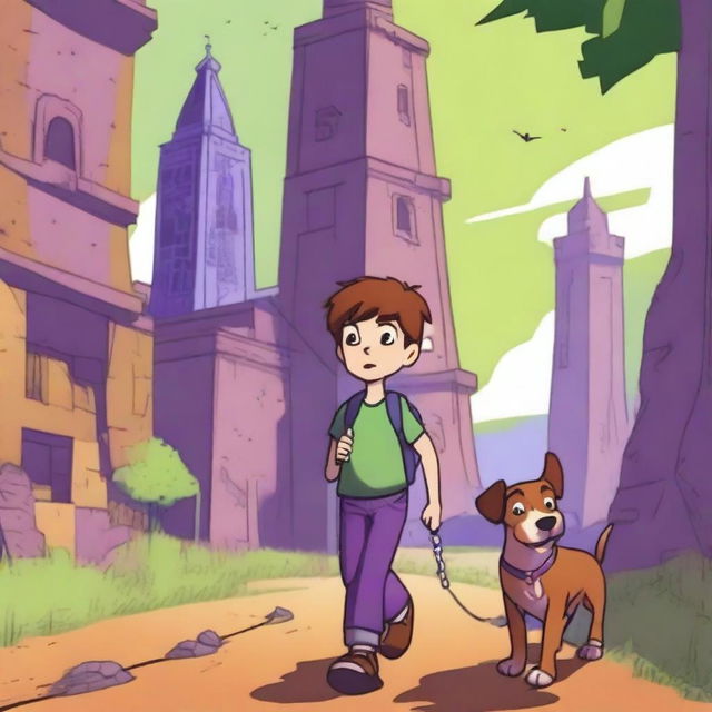 A boy named Milo with brown hair, wearing a green shirt and purple pants, is walking with his dog named Tock