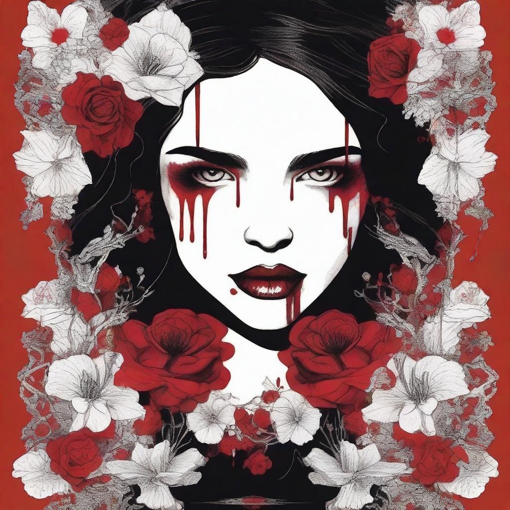 A striking and gothic illustration featuring a border of blood and flowers, framing the image of a female vampire's lips with sharp teeth