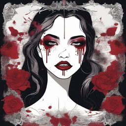 A striking and gothic illustration featuring a border of blood and flowers, framing the image of a female vampire's lips with sharp teeth