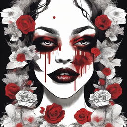 A striking and gothic illustration featuring a border of blood and flowers, framing the image of a female vampire's lips with sharp teeth