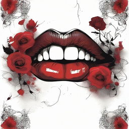 A striking and gothic illustration featuring a border of blood and flowers, framing the image of a female vampire's lips with sharp teeth