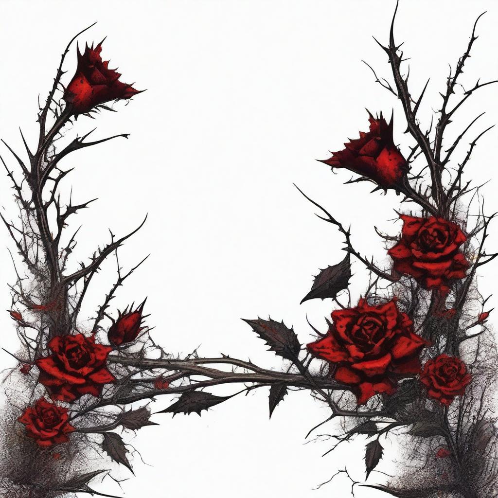 A detailed and dramatic illustration featuring a border made of thorns and flowers, accented with bloody spots