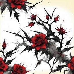 A detailed and dramatic illustration featuring a border made of thorns and flowers, accented with bloody spots