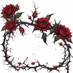 A detailed and dramatic illustration featuring a border made of thorns and flowers, accented with bloody spots