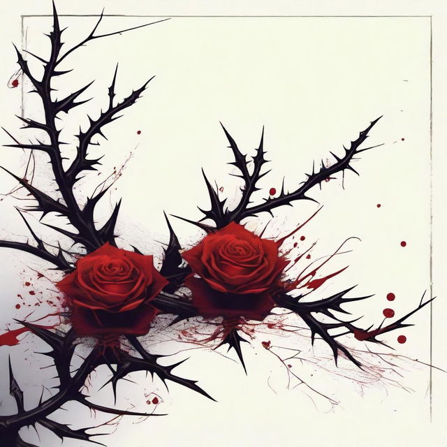 A detailed and dramatic illustration featuring a border made of thorns and flowers, accented with bloody spots