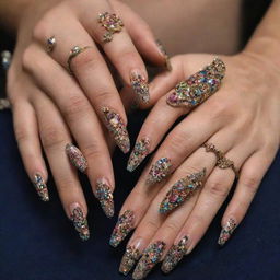 Guinness world record-breaking long and gracefully curved nails of a woman, exquisitely painted with floral patterns and studded with gems.