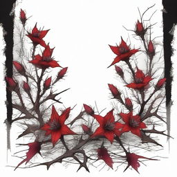 A detailed and dramatic illustration featuring a border made of thorns intertwined with wild flowers, accented with bloody spots