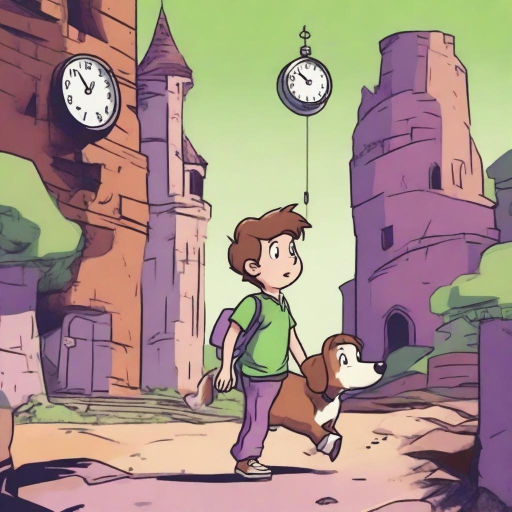 A boy named Milo with brown hair, wearing a green shirt and purple pants, is walking with his dog named Tock