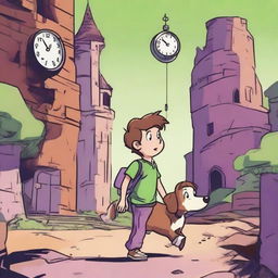 A boy named Milo with brown hair, wearing a green shirt and purple pants, is walking with his dog named Tock