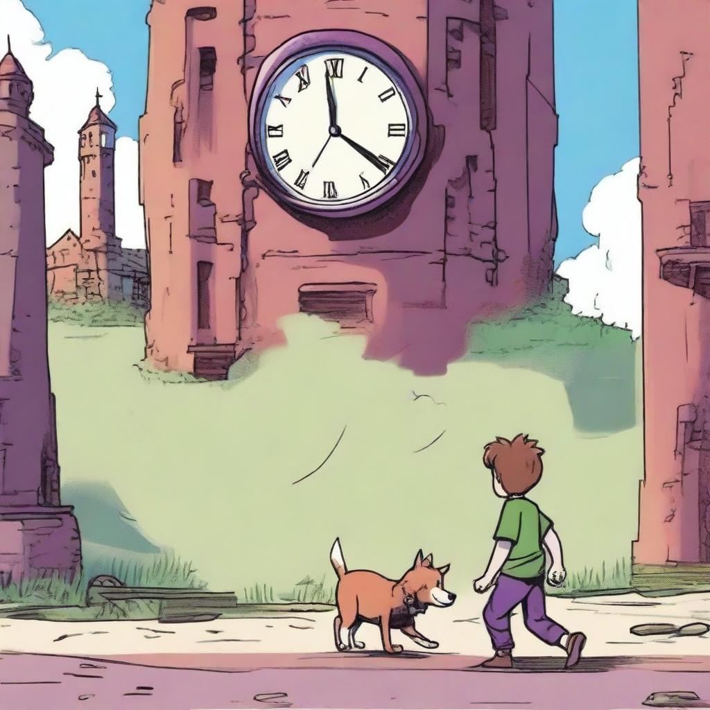 A boy named Milo with brown hair, wearing a green shirt and purple pants, is walking with his dog named Tock