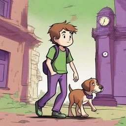 A boy named Milo with brown hair, wearing a green shirt and purple pants, is walking with his dog named Tock