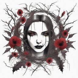 A dramatic and gothic illustration featuring a border made of thorns intertwined with wild flowers, with blood dripping from the thorns