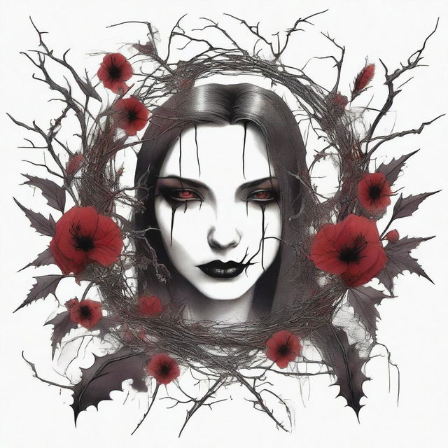 A dramatic and gothic illustration featuring a border made of thorns intertwined with wild flowers, with blood dripping from the thorns