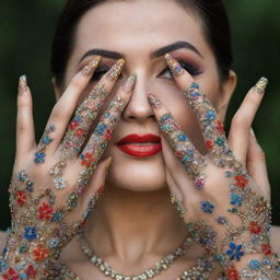 Guinness world record-breaking long and gracefully curved nails of a woman, exquisitely painted with floral patterns and studded with gems.