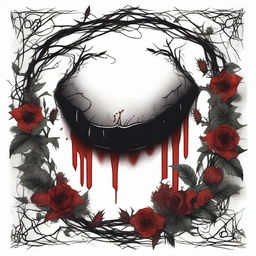 A dark and gothic illustration featuring a border made of thorns intertwined with wild flowers, with blood dripping from the thorns