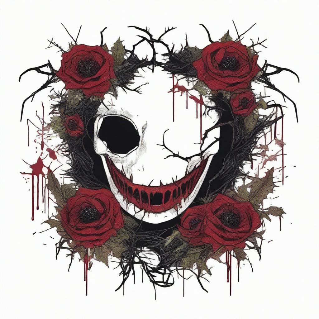 A dark and gothic illustration featuring a border made of thorns intertwined with wild flowers, with blood dripping from the thorns