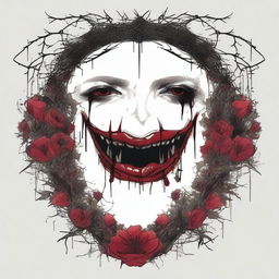 A dark and gothic illustration featuring a border made of thorns intertwined with wild flowers, with blood dripping from the thorns