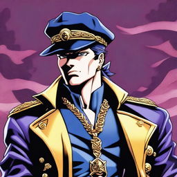 A detailed illustration of Jotaro Kujo, a character from JoJo's Bizarre Adventure, wearing his iconic outfit including his hat, long coat, and chain