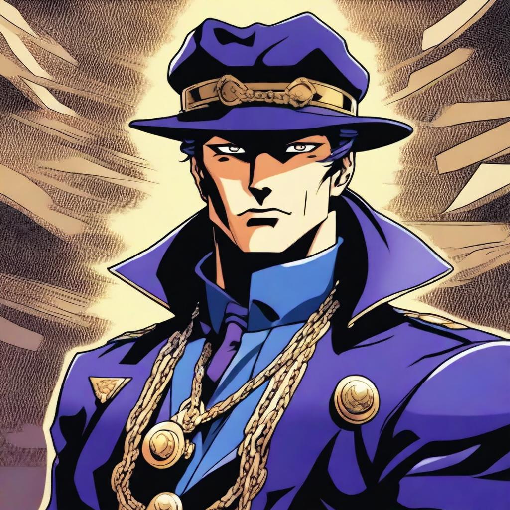 A detailed illustration of Jotaro Kujo, a character from JoJo's Bizarre Adventure, wearing his iconic outfit including his hat, long coat, and chain