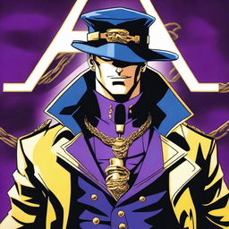 A detailed illustration of Jotaro Kujo, a character from JoJo's Bizarre Adventure, wearing his iconic outfit including his hat, long coat, and chain