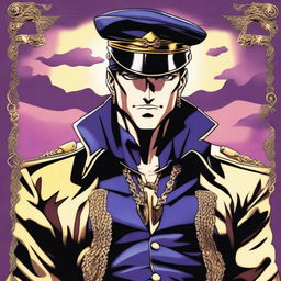 A detailed illustration of Jotaro Kujo, a character from JoJo's Bizarre Adventure, wearing his iconic outfit including his hat, long coat, and chain