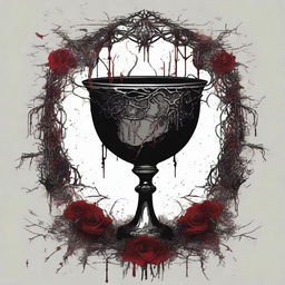 A dark and gothic illustration featuring a border made of thorns intertwined with wild flowers, with blood dripping from the thorns