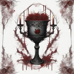 A dark and gothic illustration featuring a border made of thorns intertwined with wild flowers, with blood dripping from the thorns