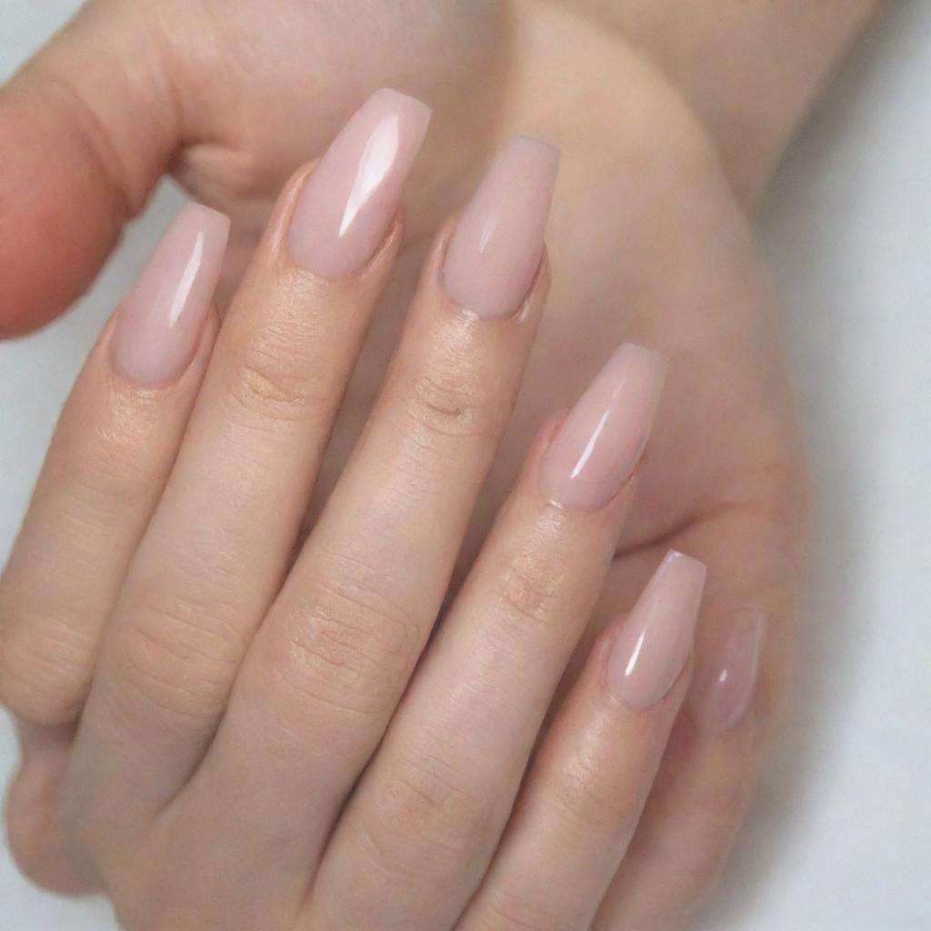 World record-setting long nails with a square cut, maintaining an elegant simplicity, perfectly filed, and glossed with a clear polish.