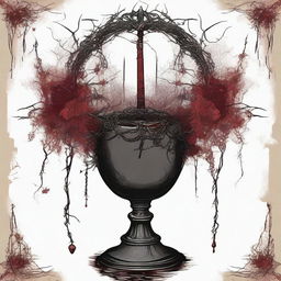 A dark and gothic illustration featuring a border made of thorns intertwined with wild flowers, with blood dripping from the thorns