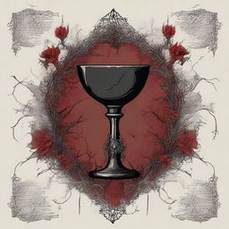 A dark and gothic illustration featuring a border made of thorns intertwined with wild flowers, with blood dripping from the thorns